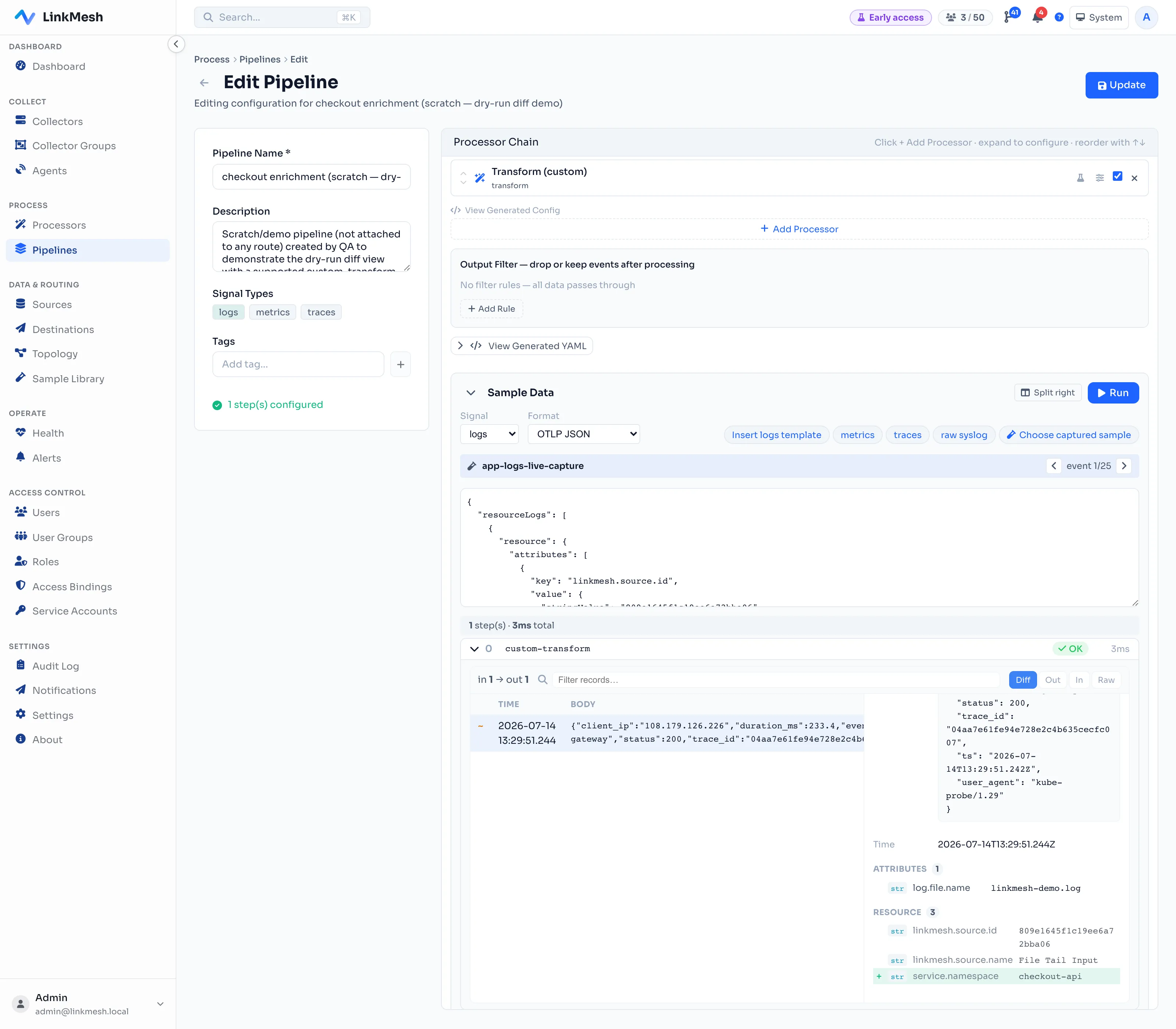 The LinkMesh pipeline dry-run — a captured log sample run through a transform processor, with the newly-added service.namespace resource attribute highlighted green in the before/after diff.