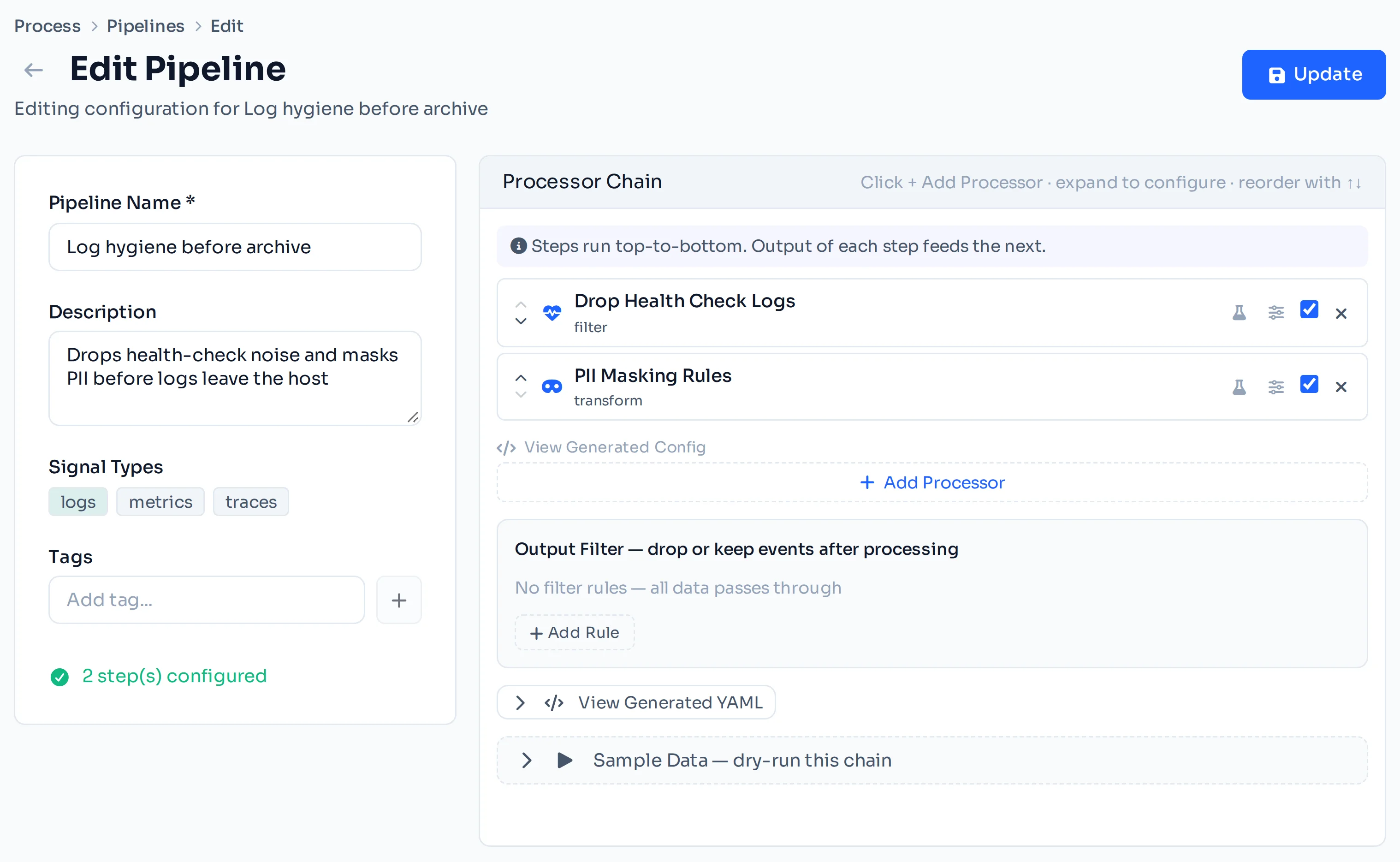 The LinkMesh pipeline builder: sources, processors and destinations composed into one telemetry pipeline.