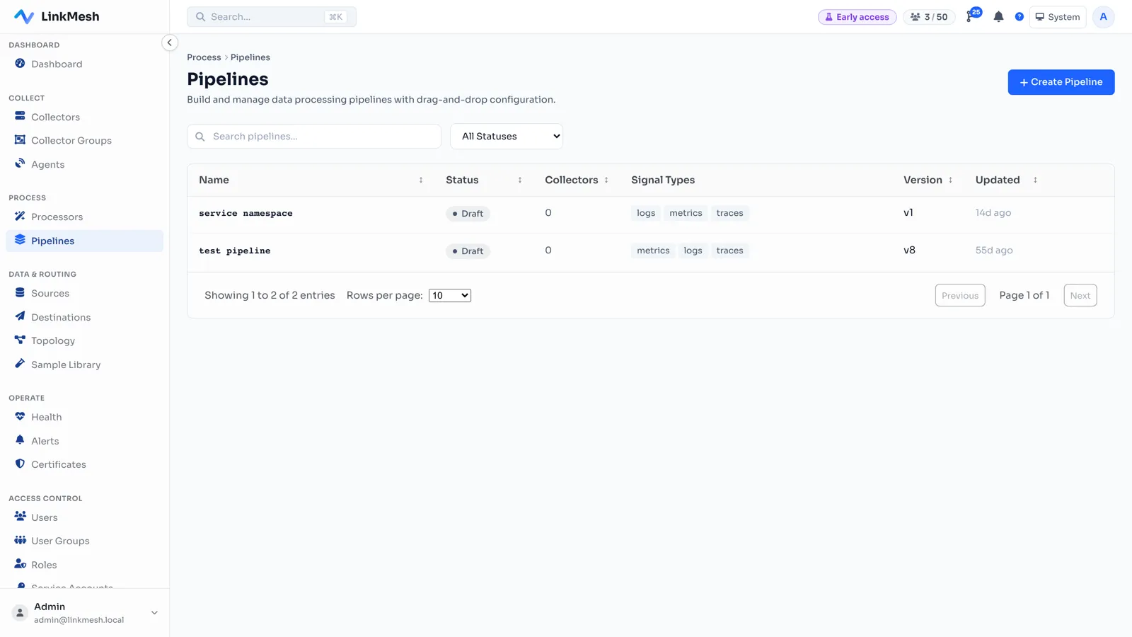 The LinkMesh pipeline builder — sources, processors, and destinations composed into a pipeline.
