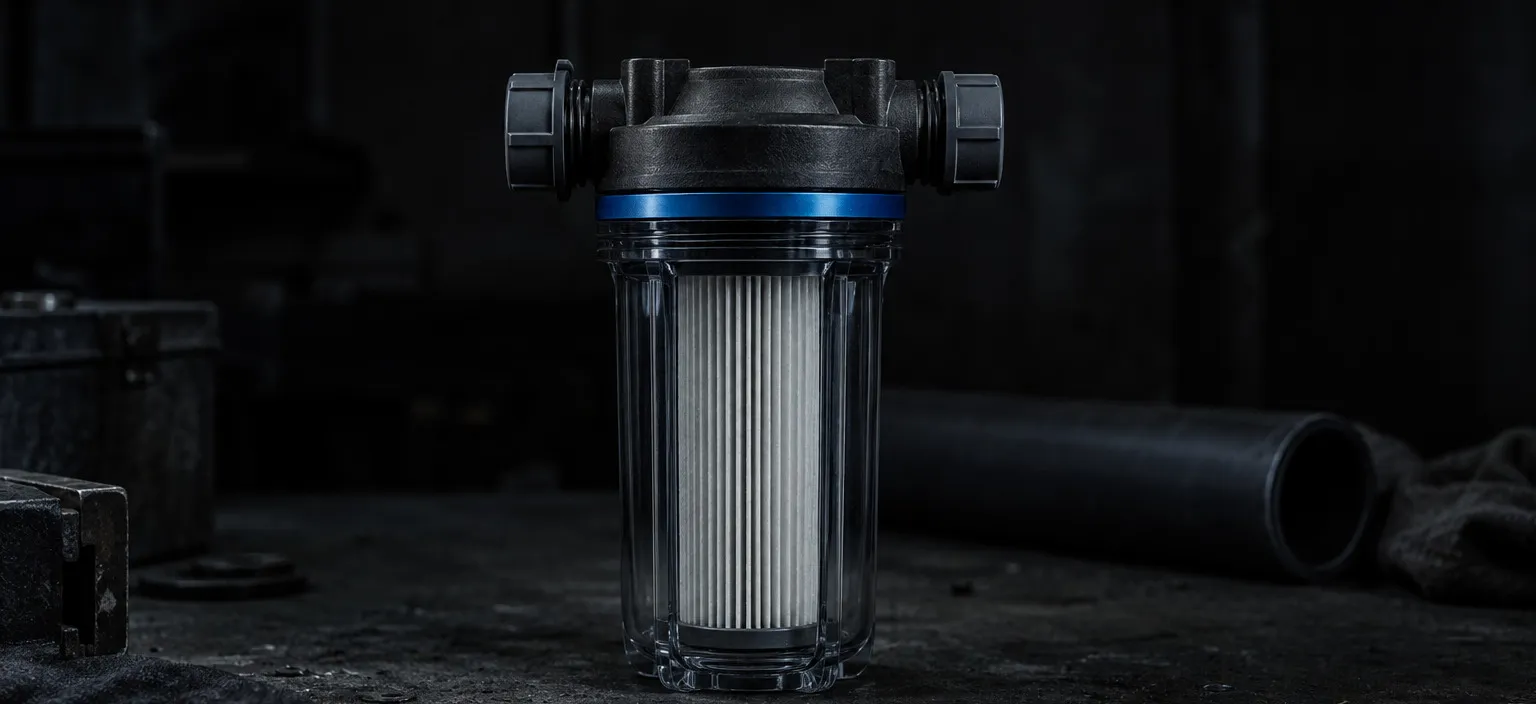 A clear-bodied inline filter housing on a bench, its element fully visible before installation