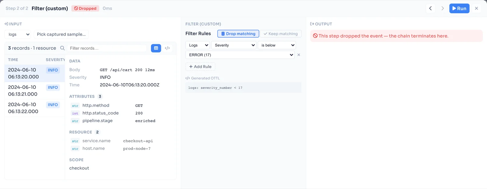 The LinkMesh processor preview — a sample log record entering a drop filter on the left, the rule and generated OTTL in the middle, and the dropped-event output on the right.