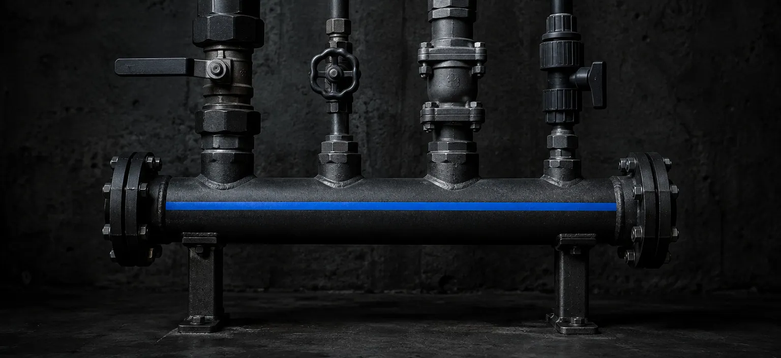 Four different pipe runs, each with its own tap fitting, all landing on one common collecting header