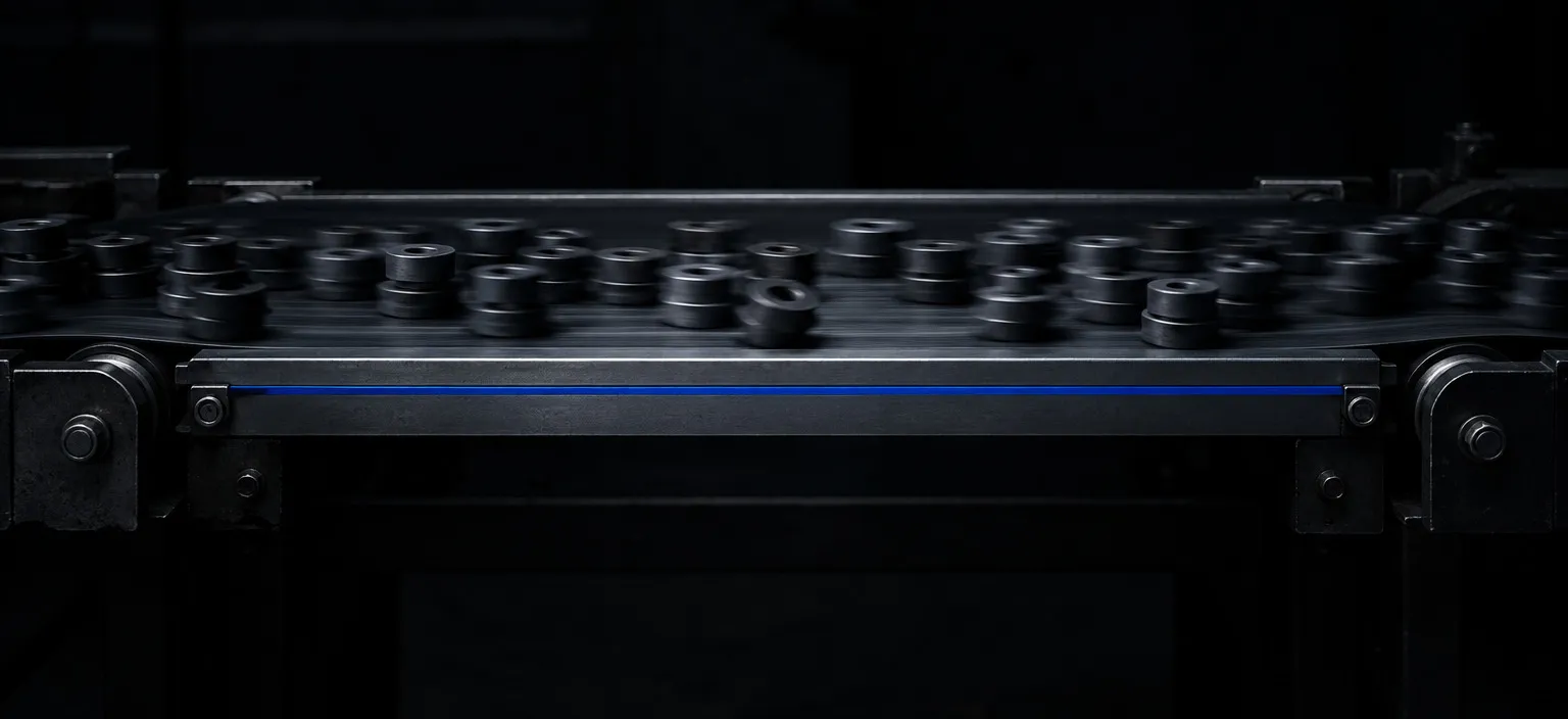 A conveyor carrying a dense stream of identical parts past a sharp machined steel rail