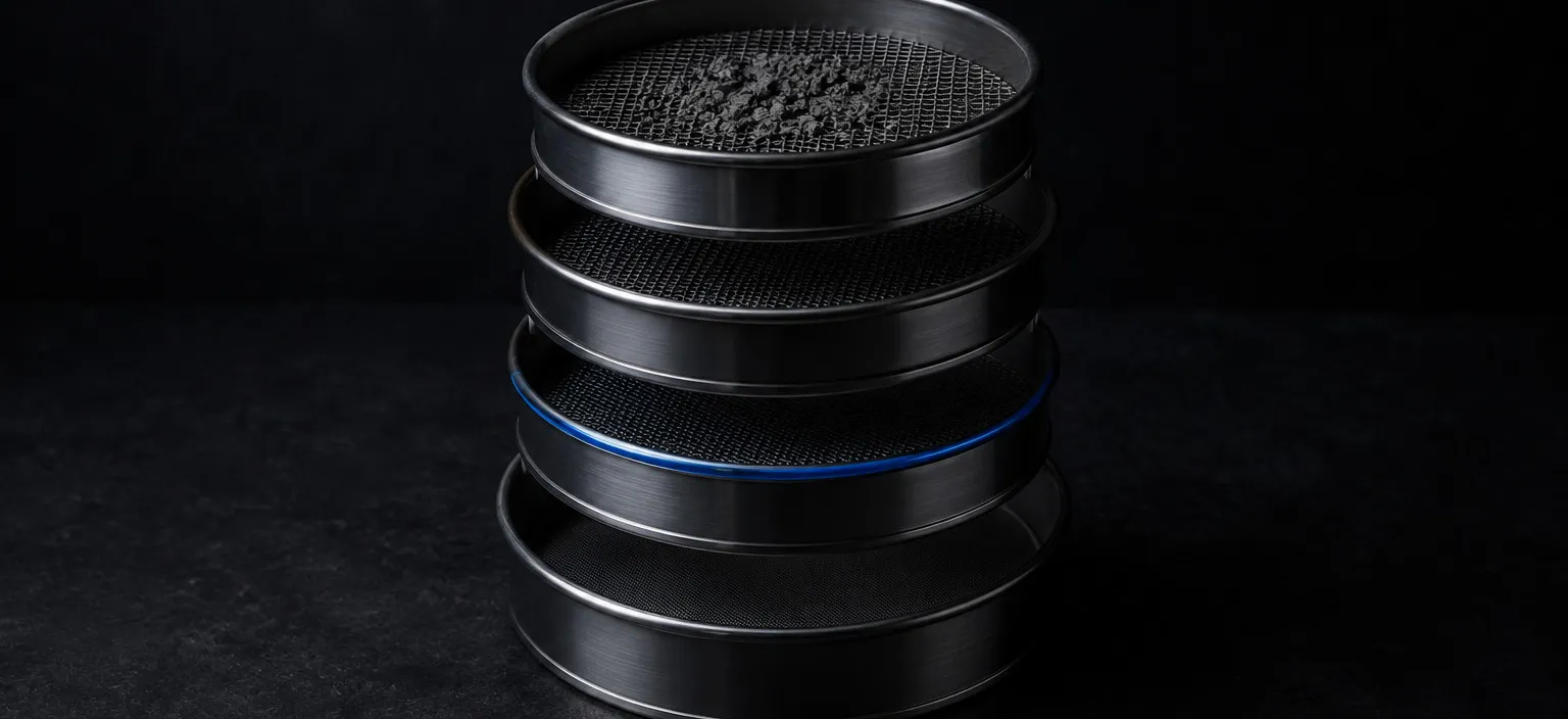 Four nested test sieves, each screen finer than the one above it