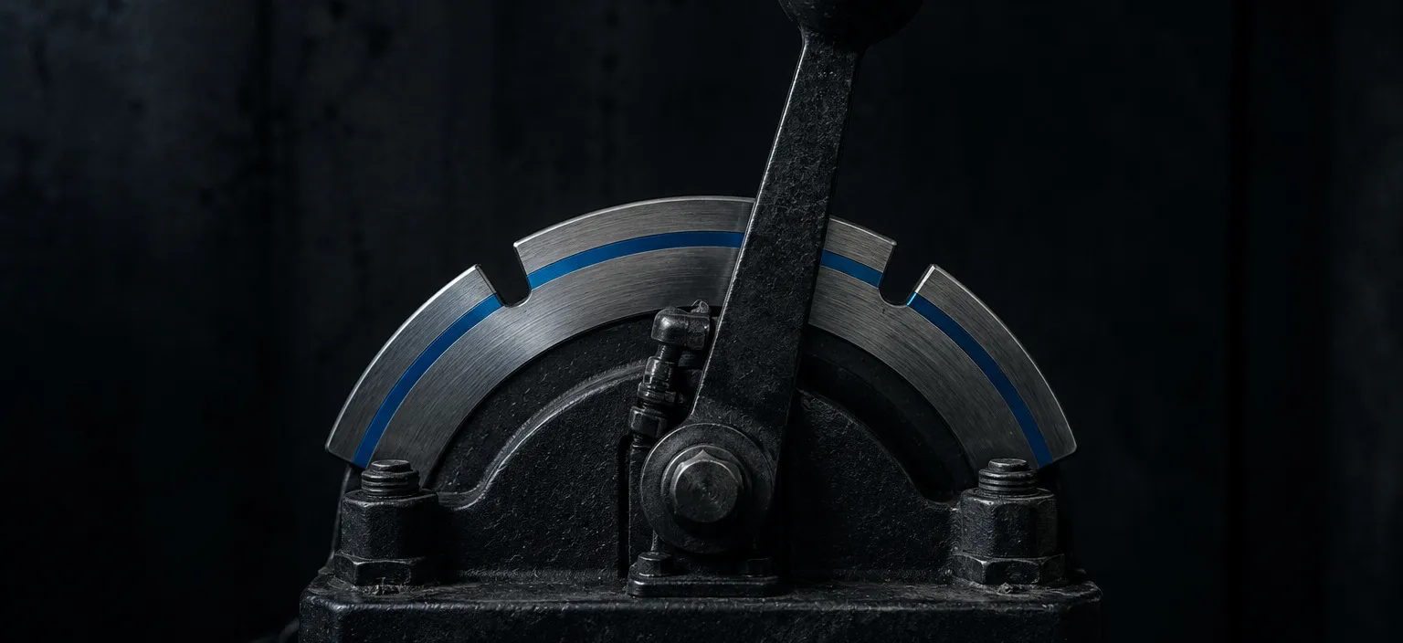 A heavy reversing lever standing at a two-notch quadrant, one position taken and the other clearly ready