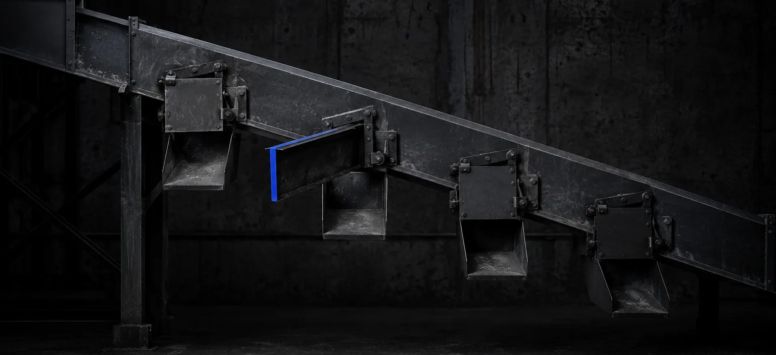 A gravity sorting chute with staged deflector gates, one of them swung open onto its side channel