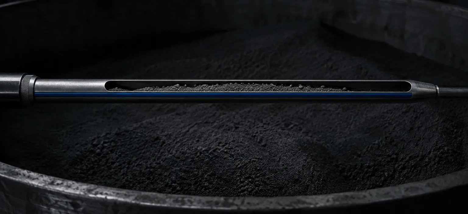 A stainless sampling probe resting across a bulk container, a small measured portion visible in its slot