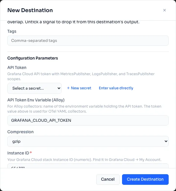 A LinkMesh destination form: the API-token field references a stored vault secret by name from a dropdown ("Select a secret…") instead of taking a pasted credential — so the value lives encrypted in the vault and the committed config carries only the reference.