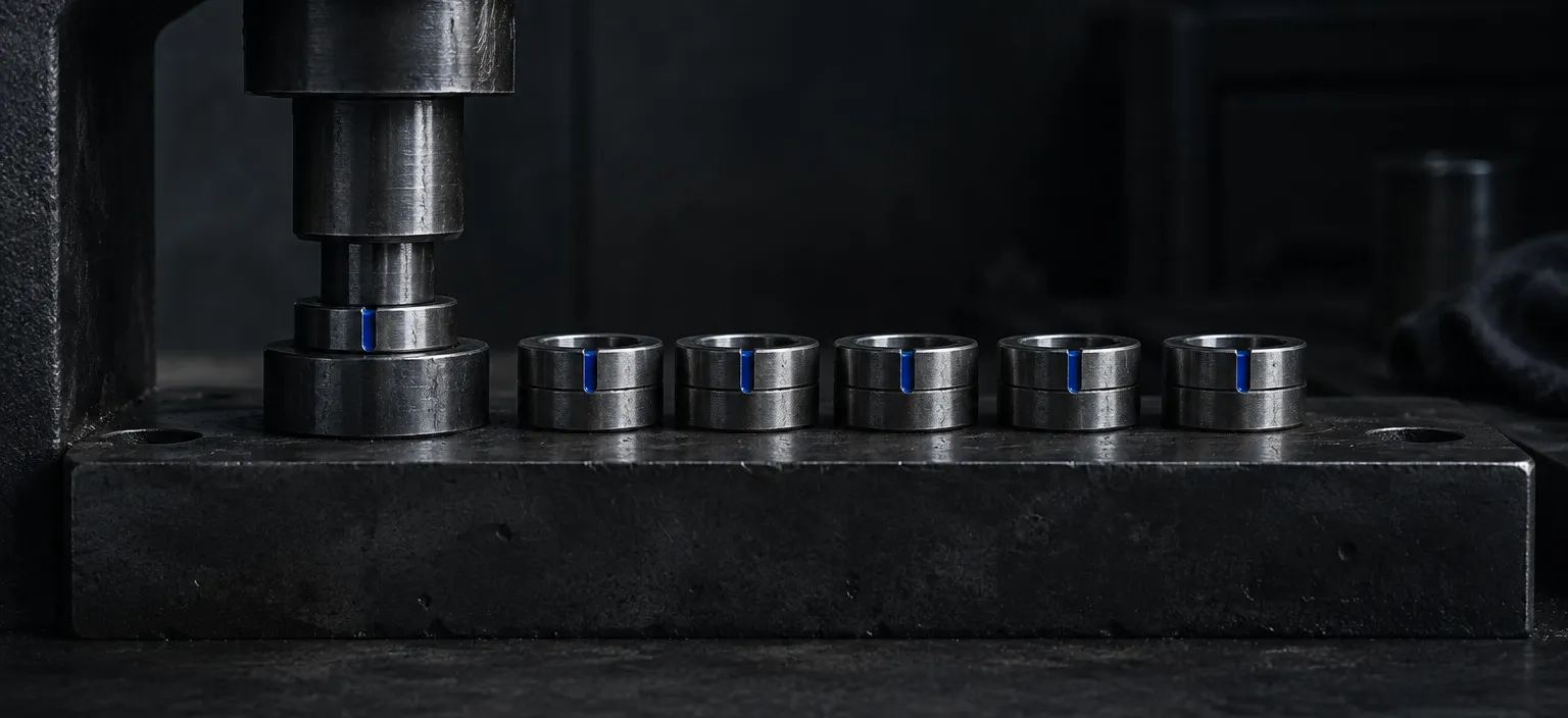 A bench stamping punch and a row of identical collars, each bearing the same blue-marked notch it struck