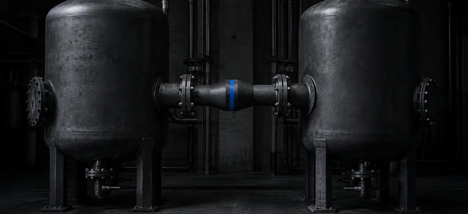 Two identically sized vessels joined by a transfer line with a machined reducer narrowing its bore