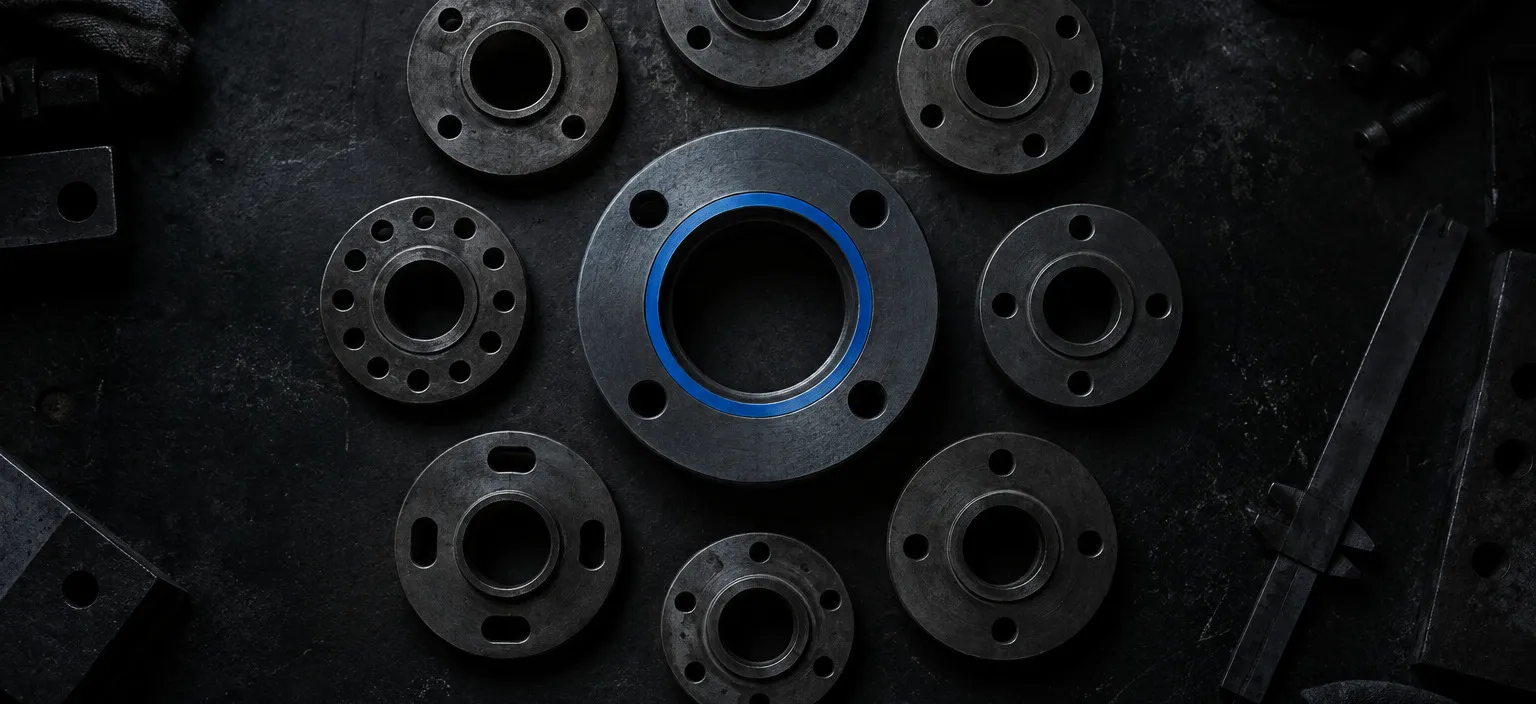 One standard flange face on a bench, surrounded in order by the several older patterns it replaces