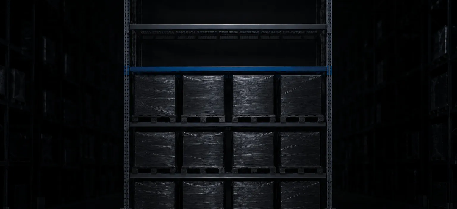 A warehouse racking bay filled to three of its five levels, with clear headroom above