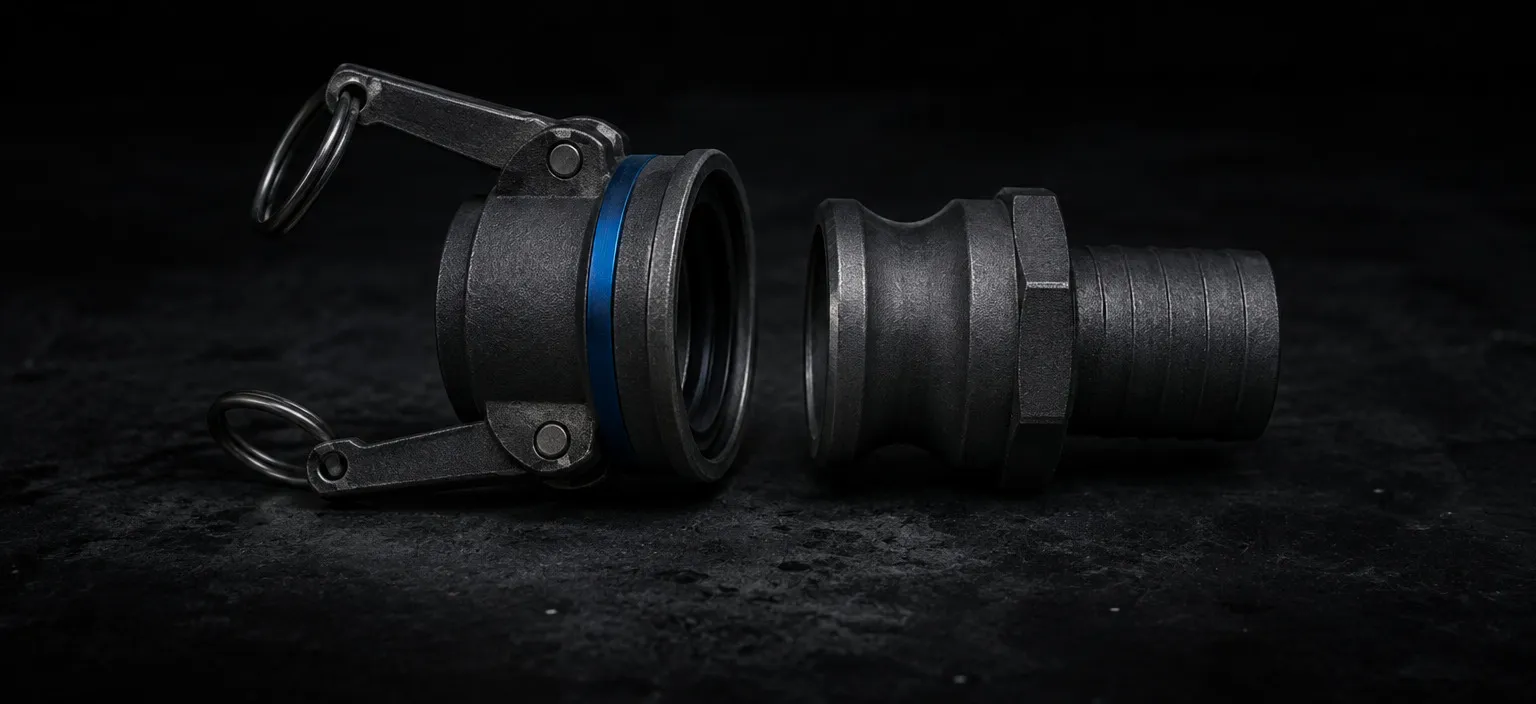 A standard cam-lock coupling with its arms lifted, the two halves cleanly separated