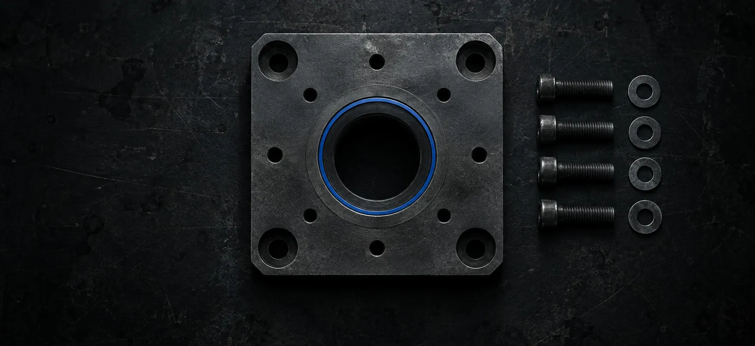 An empty machined base plate with its own mounting pattern, the old fixings laid out in order beside it