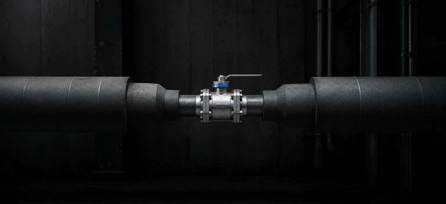 A long insulated pipe run with a single machined valve station at its midpoint