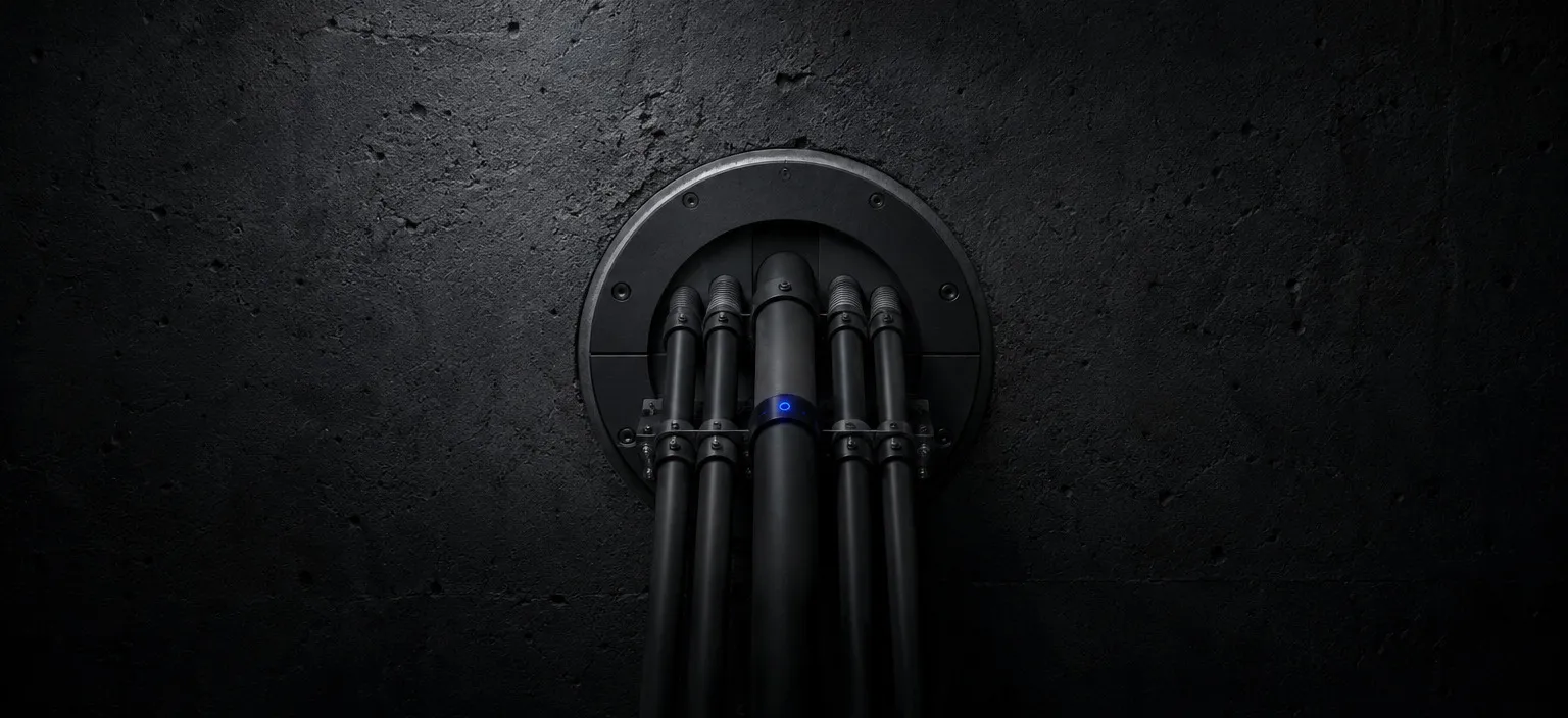 A bank of conduits passing through a sealed wall penetration, dressed and clamped on the near side