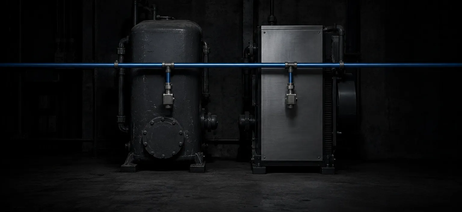 Two different generations of machine sharing one overhead conduit run, each with an identical tap