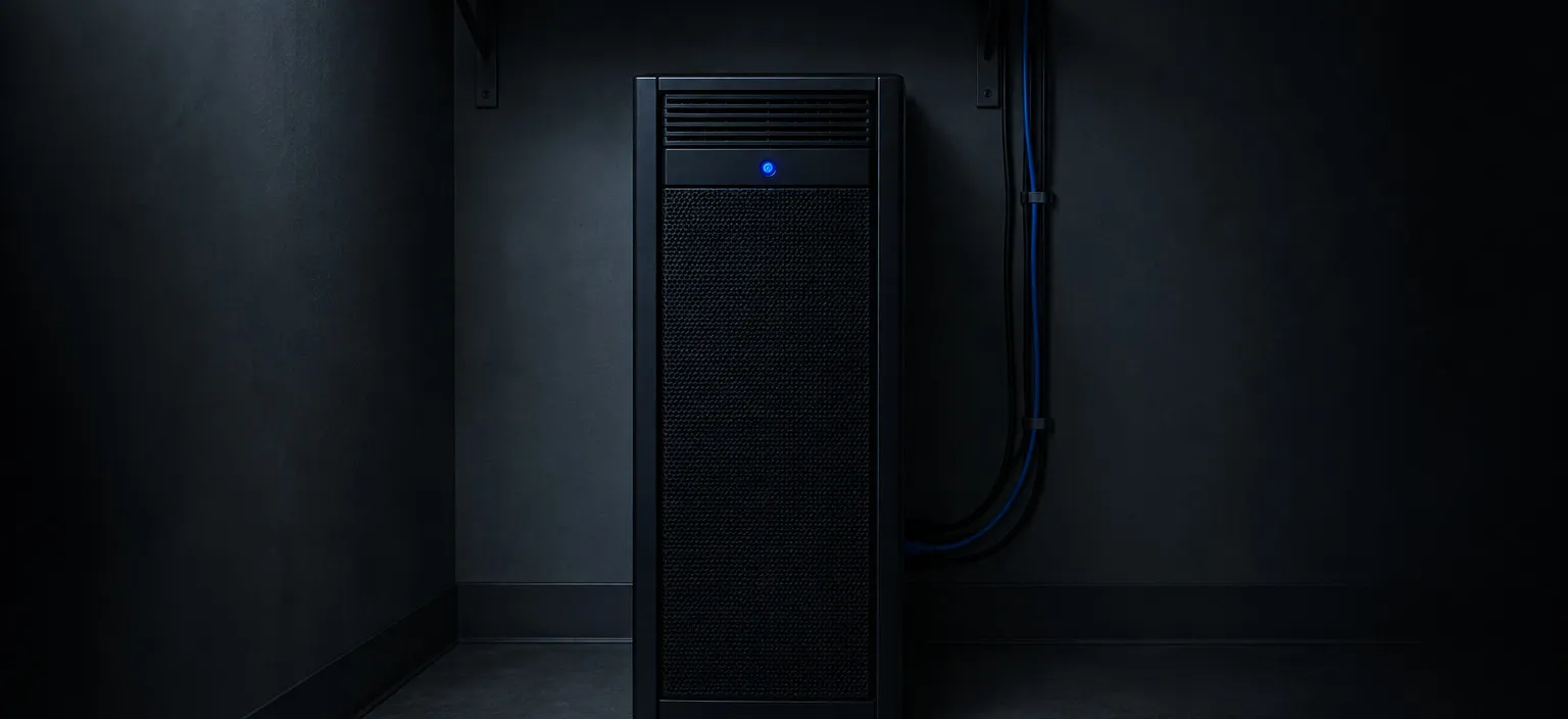 A single pedestal server standing in a small tidy equipment cupboard